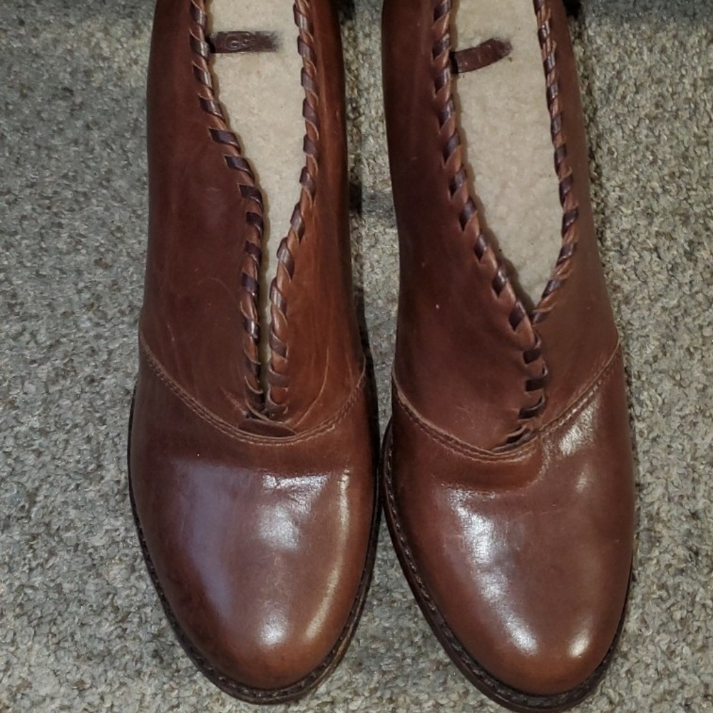 UGG Brown Leather Ankle Booties with Braided Trim